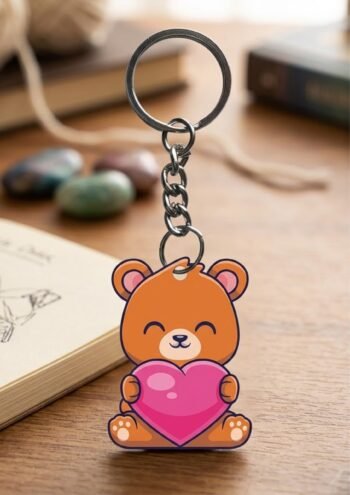 camin Cartoon Teddy Bear Wooden Printed Keychain for Girls Kids Bike/Car/Men/Women/Bag Key Tag Keyrings Multicolored (2.5 x 2.5 Inch)